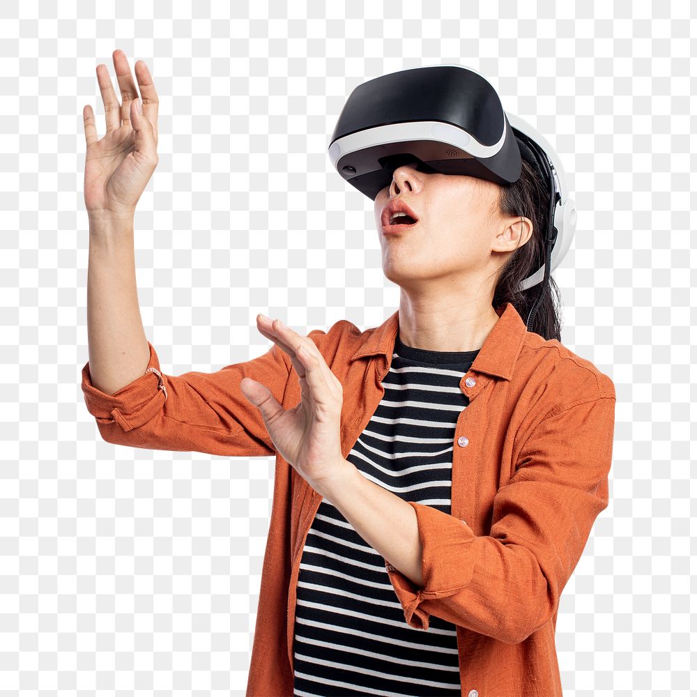 Woman png mockup experiencing VR entertainment technology
