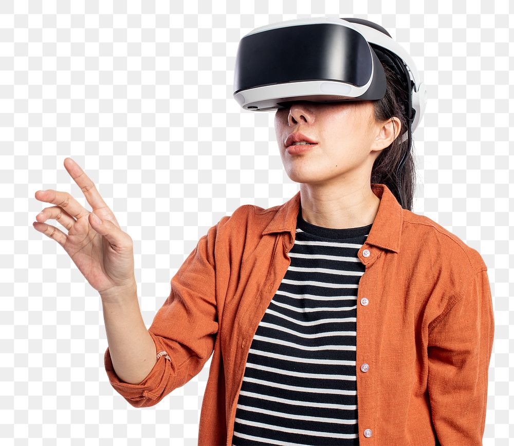 Woman png mockup experiencing VR entertainment technology