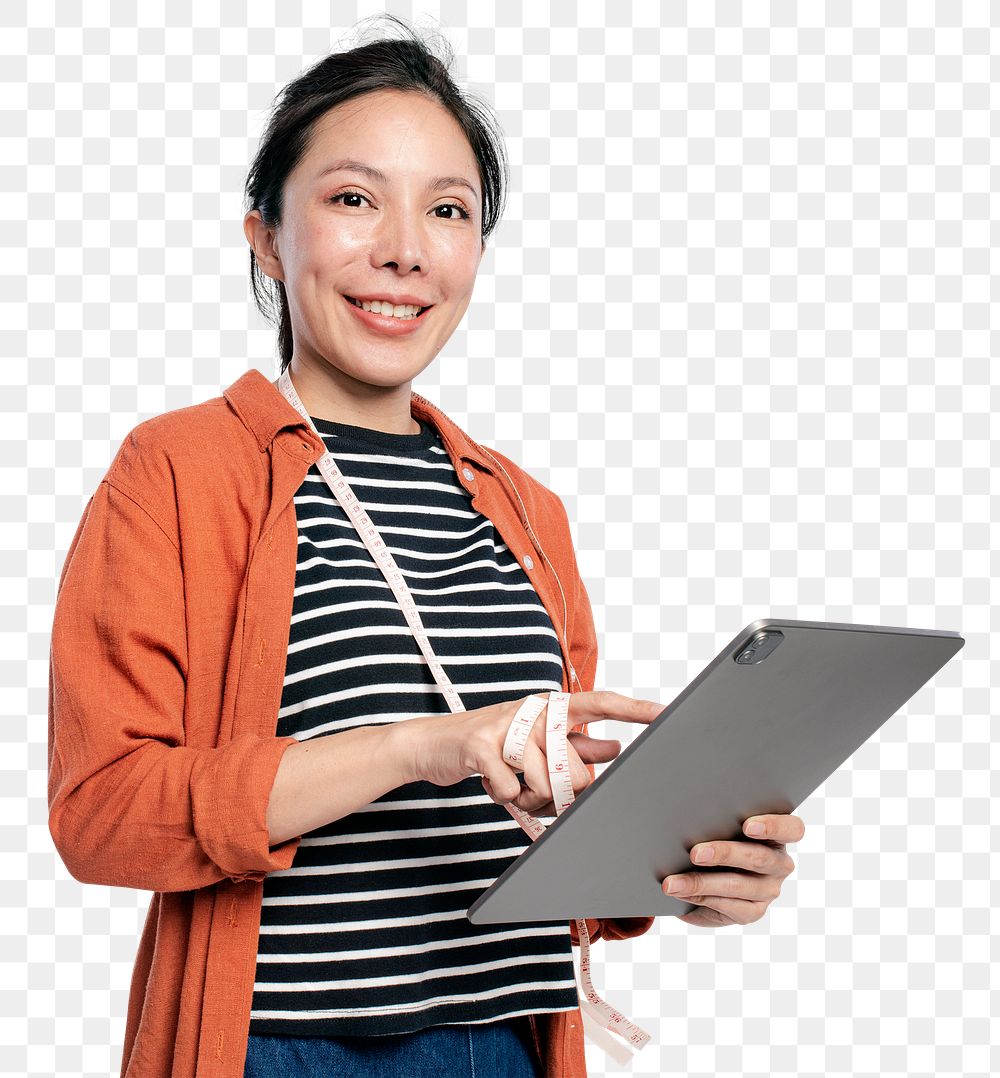 Woman png using tablet to shop online