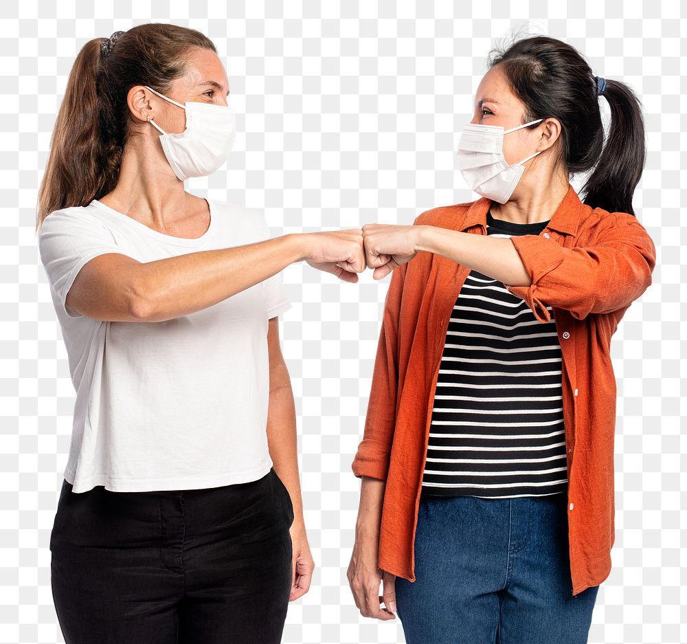 People png mockup with face masks doing elbow bumps new normal greeting