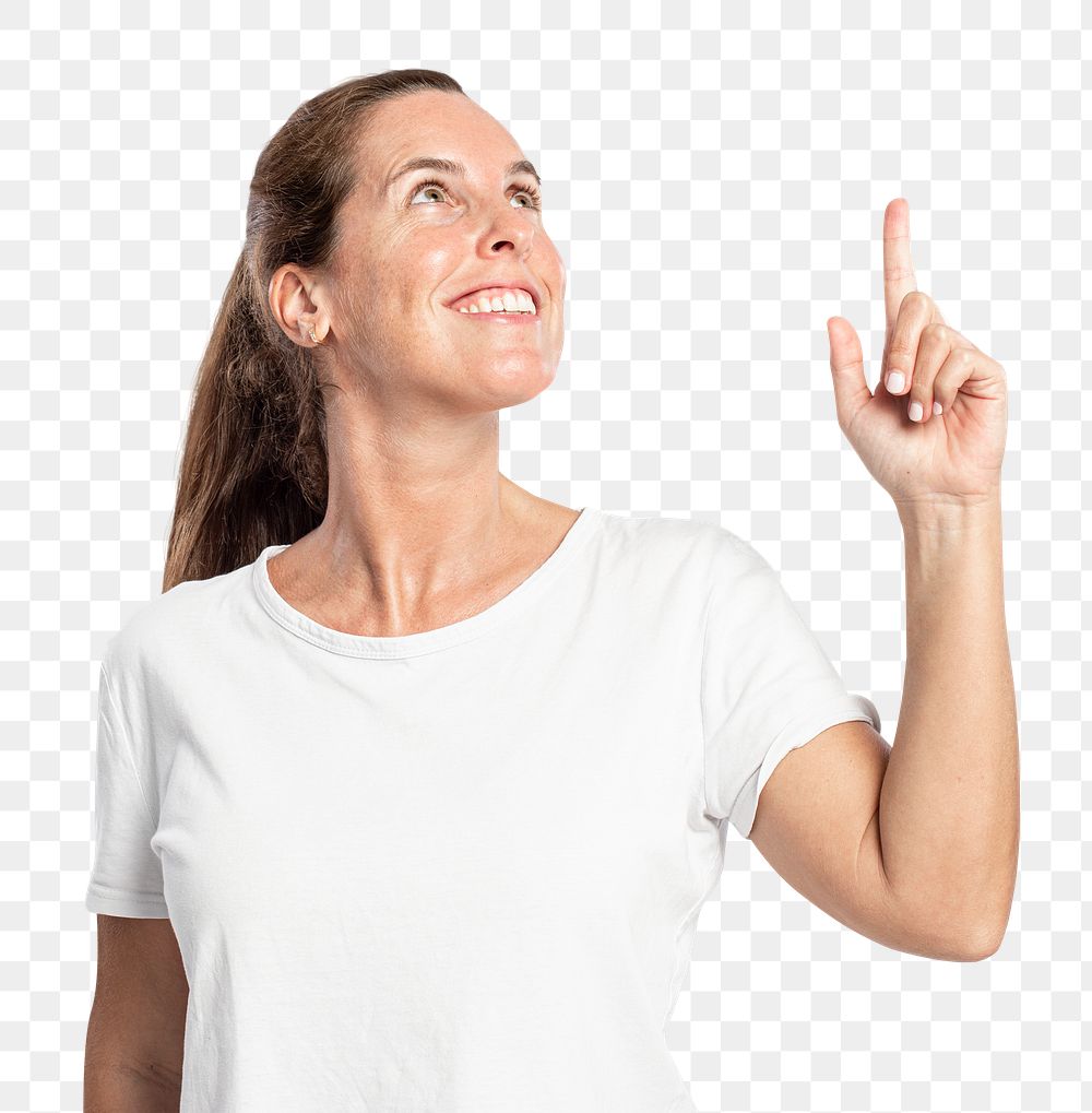 Female presenter png mockup pointing finger up in the air