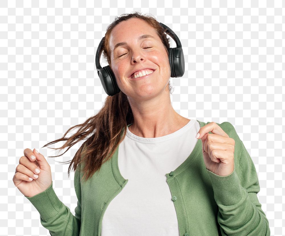 Woman png mockup listening to music from headphones