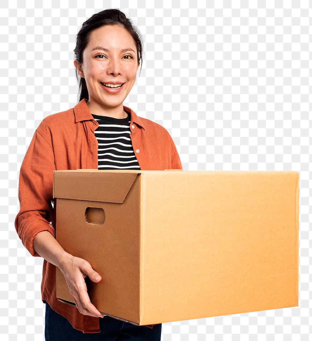 Woman png mockup carrying a moving box