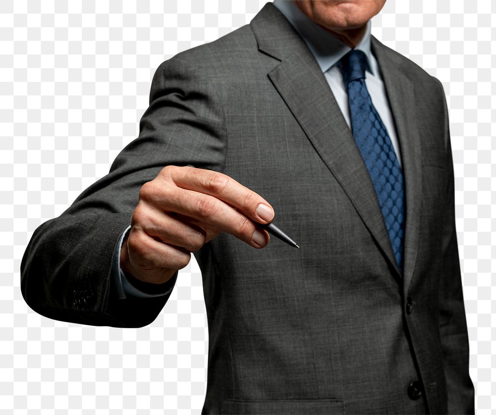 Businessman gesture png mockup using a pen and writing on an invisible screen