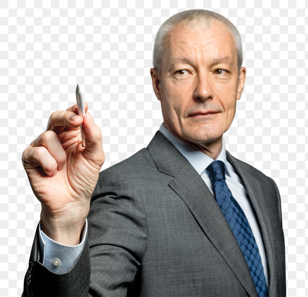 Businessman gesture png mockup using a stylus and writing on an invisible screen