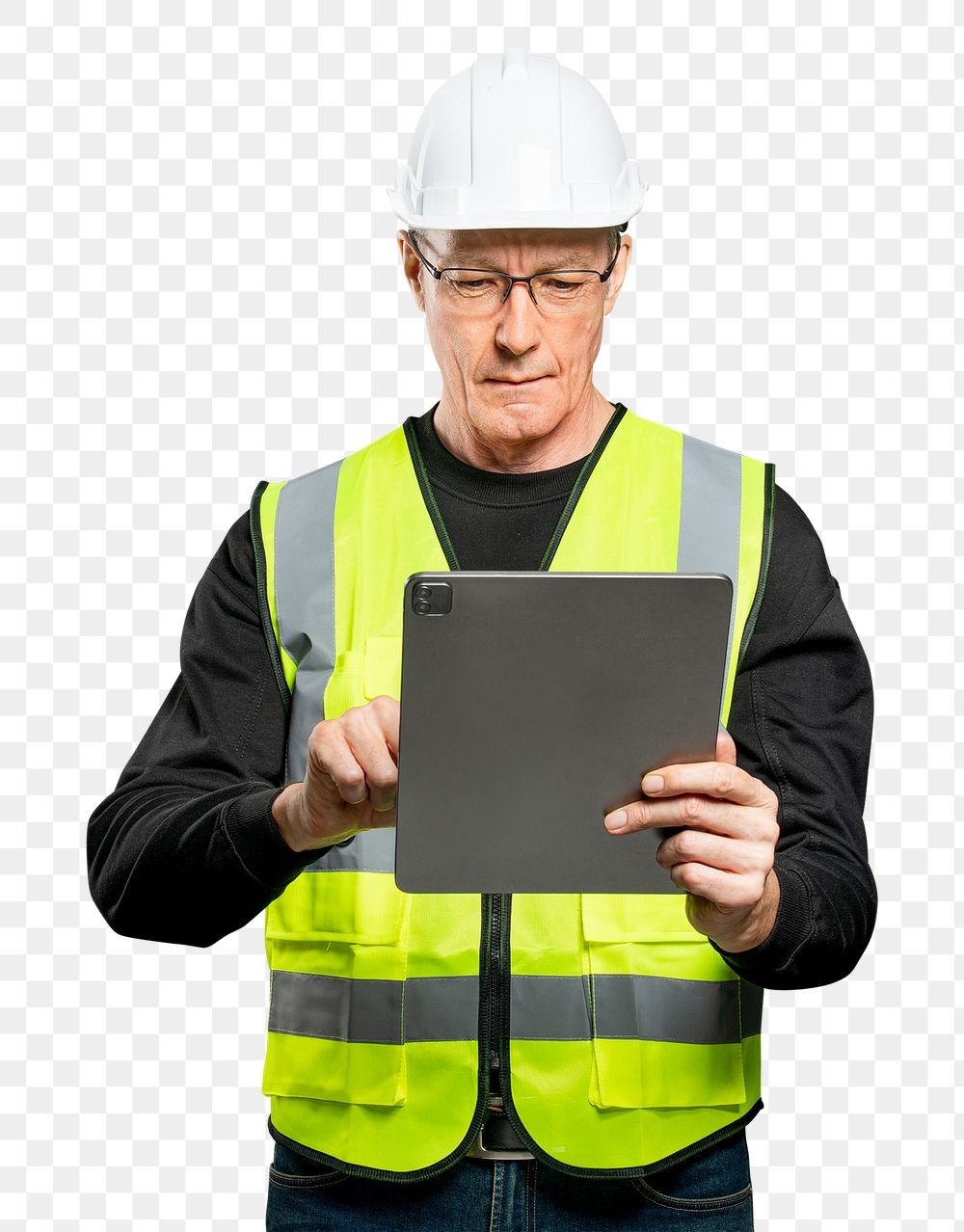 Male engineer png mockup working on tablet