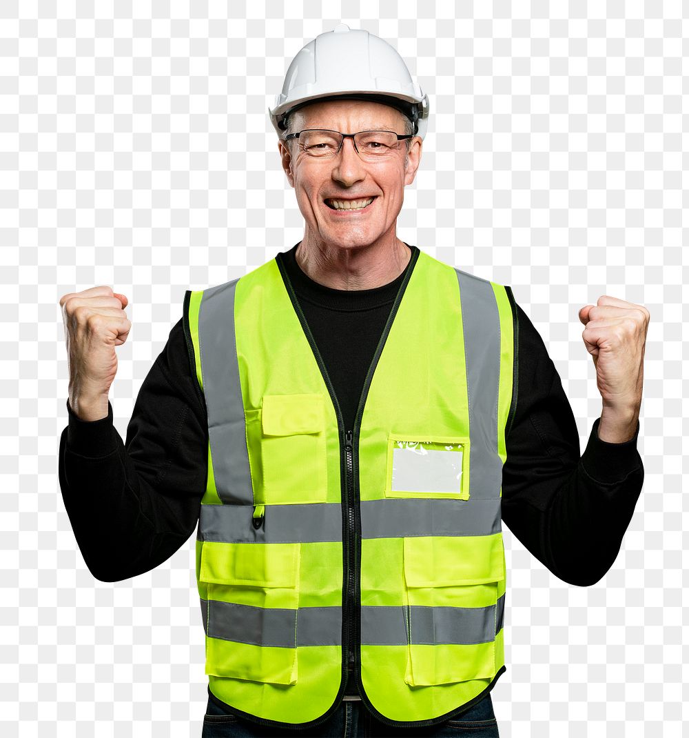Cheerful male engineer png mockup in a reflective vest and a hard hat