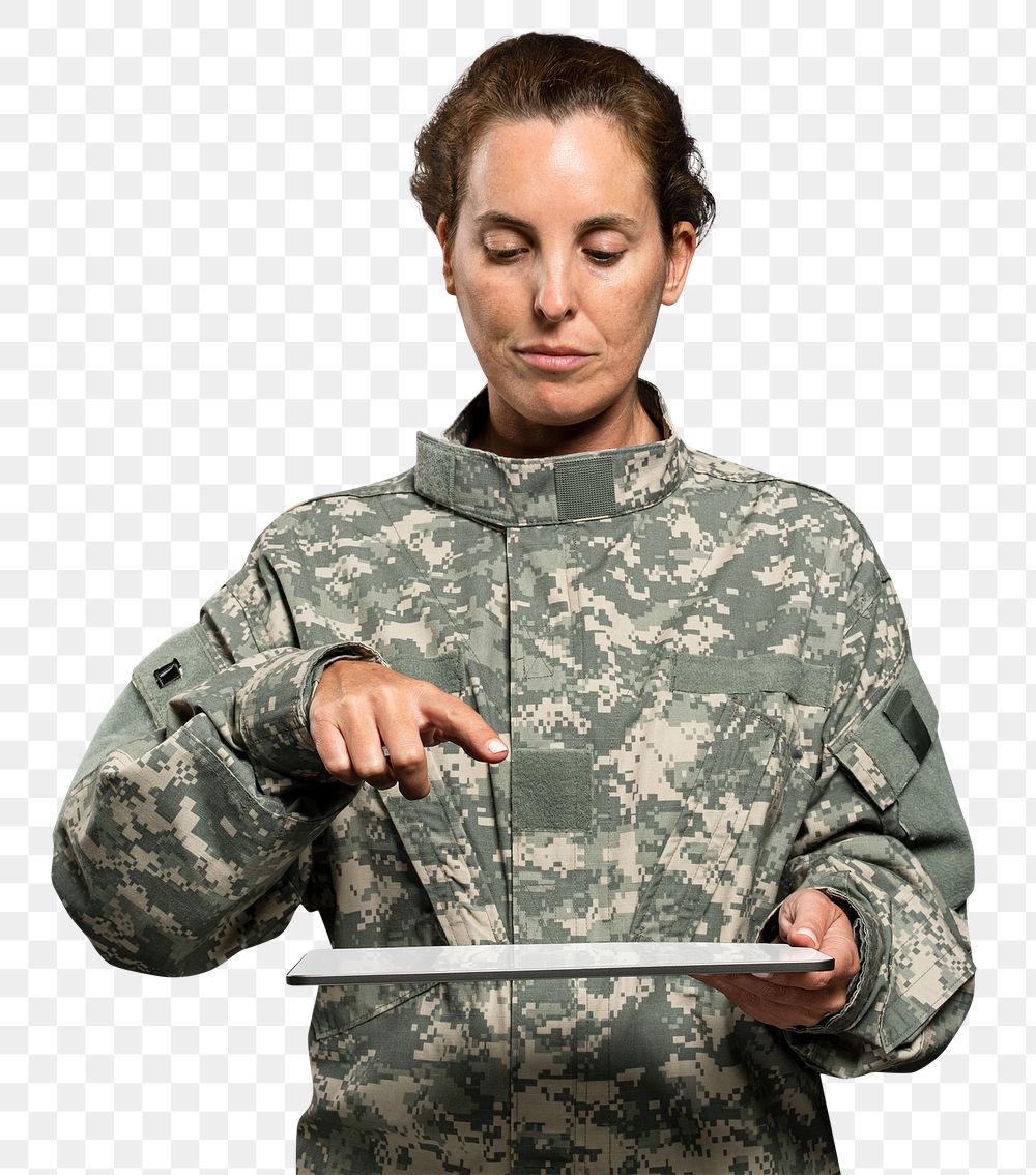 Female soldier png mockup using a tablet army technology