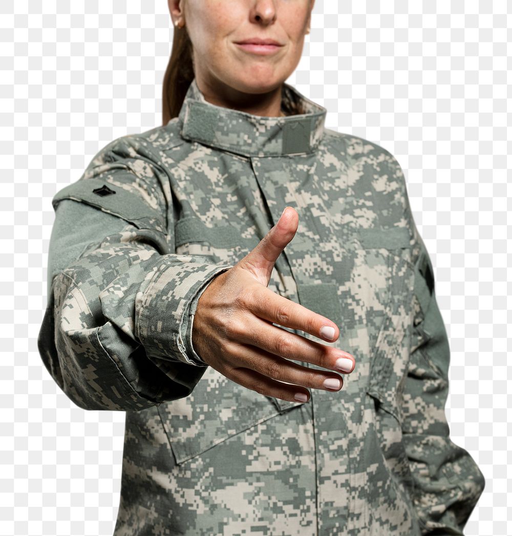 Female soldier png mockup reaching out her hand