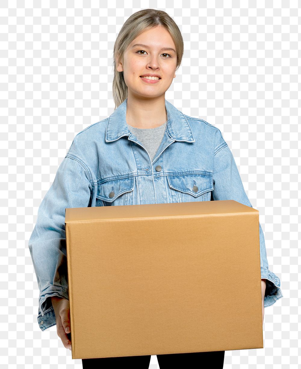 Woman png mockup carrying a moving box
