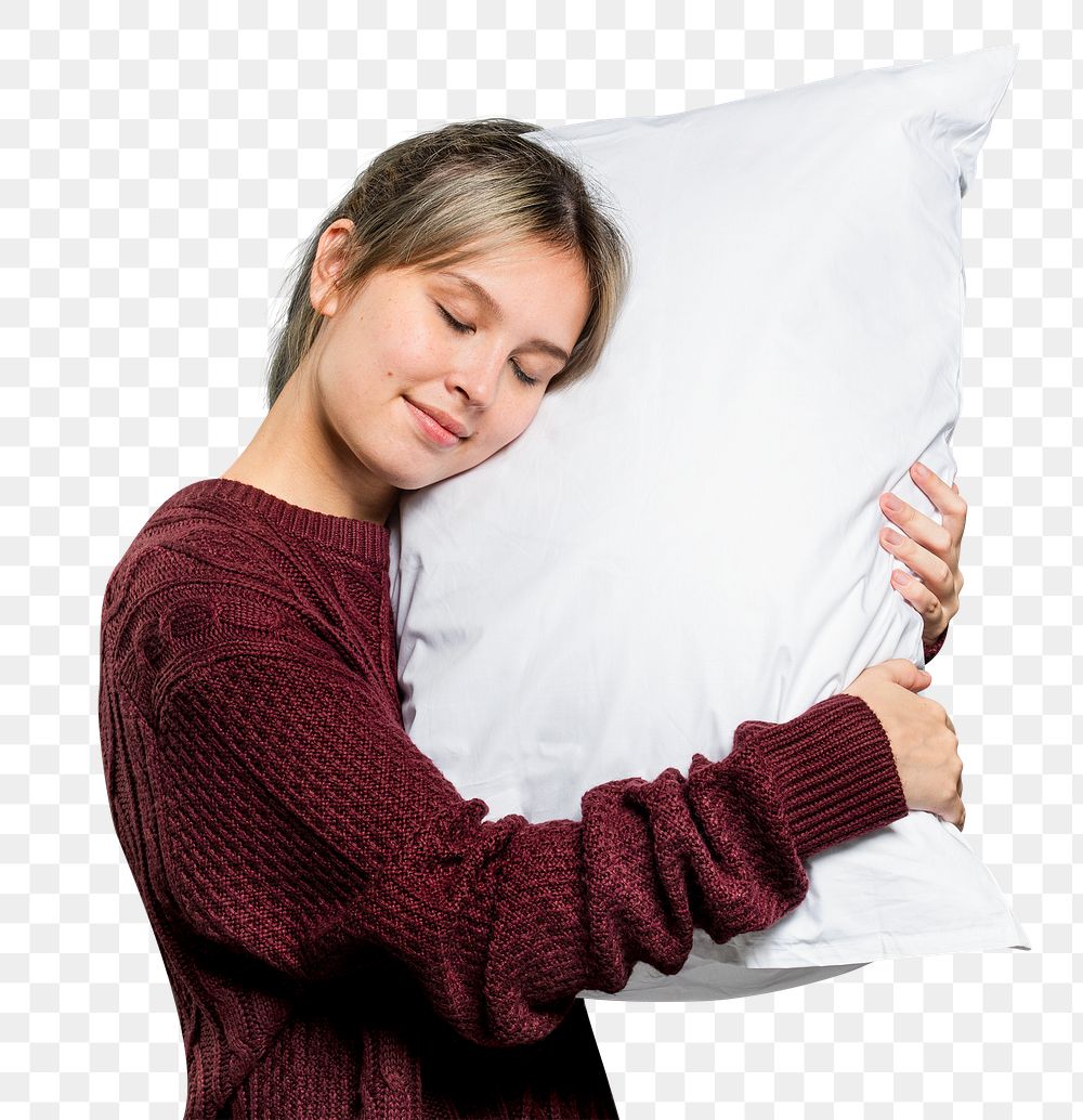 Woman png mockup hugging a pillow