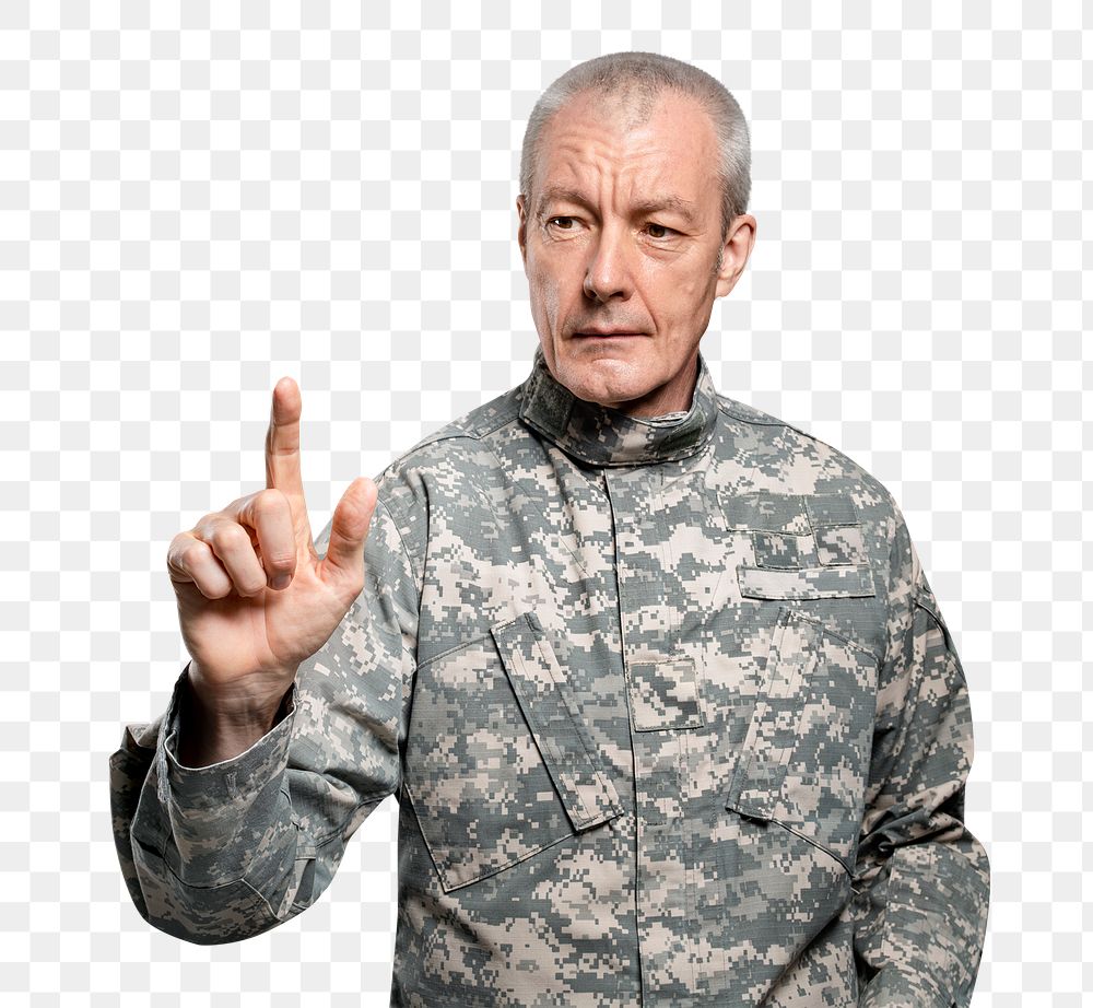 Male soldier png mockup pressing index finger on an invisible screen