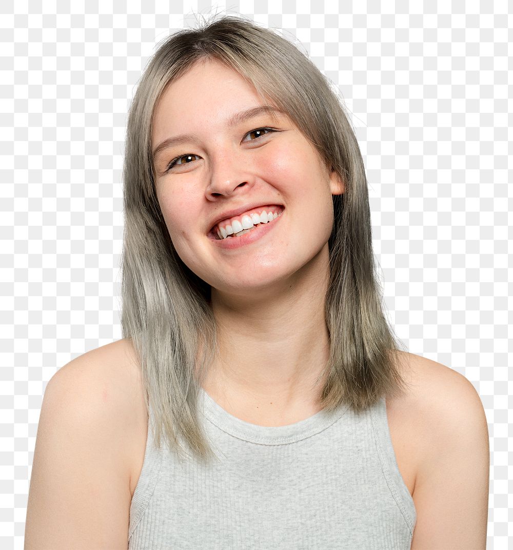 Cheerful woman png mockup in a beige tank top