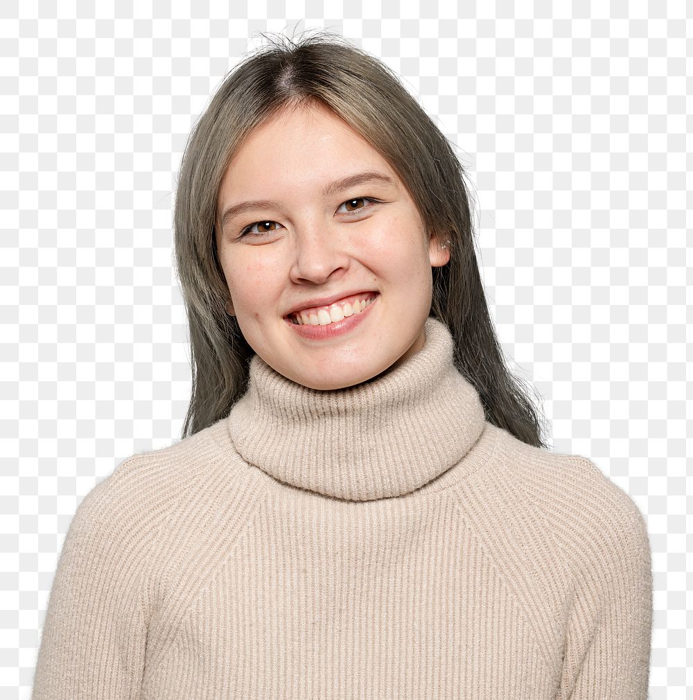 Happy woman png mockup in a beige sweater