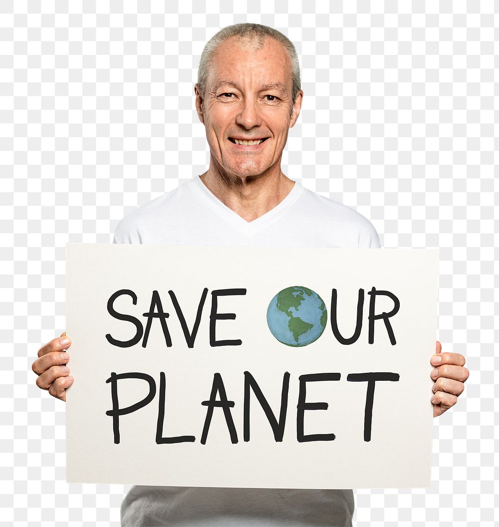 Man png mockup holding a save our planet card