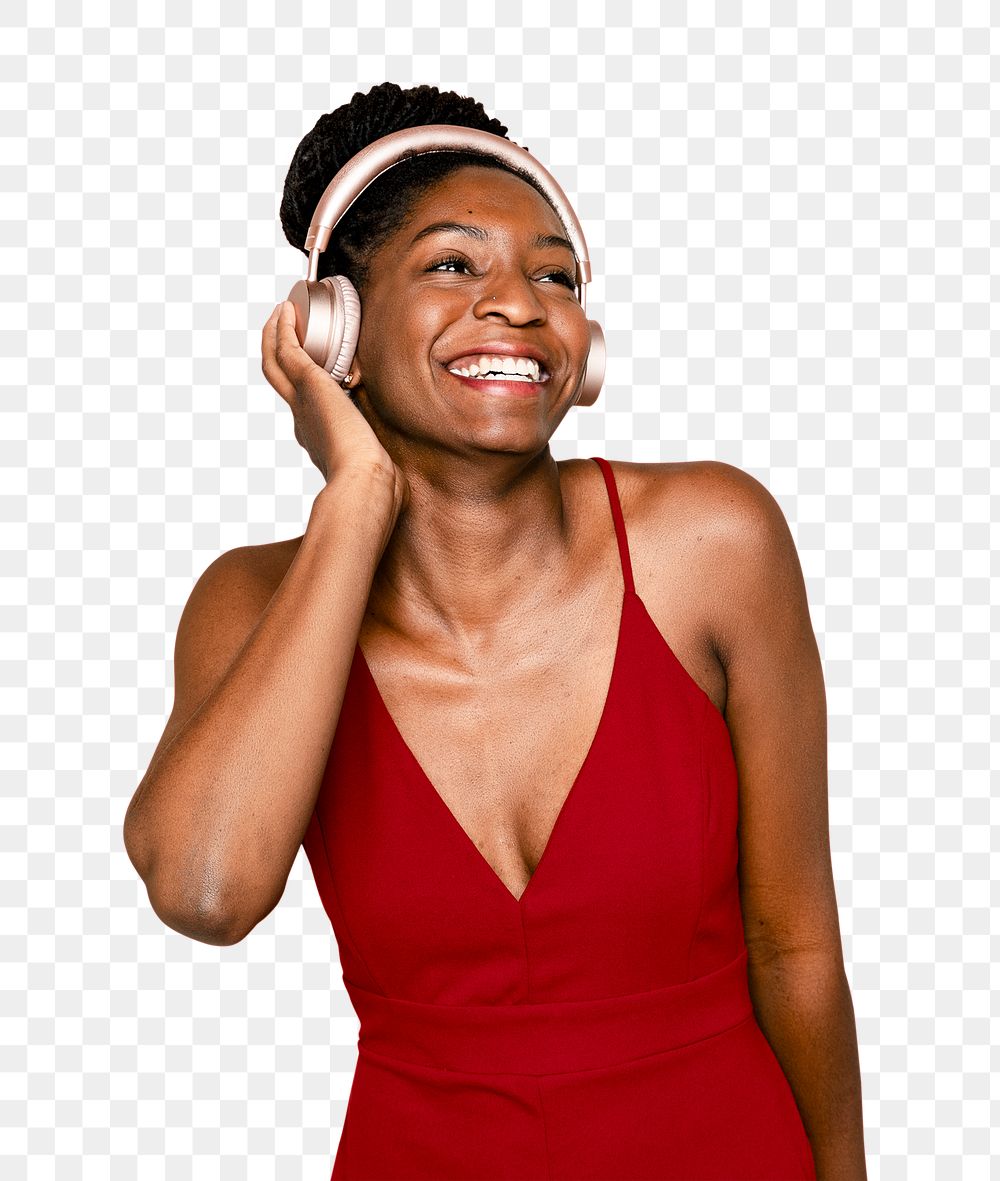 Cheerful woman mockup png listening to music through headphones digital device