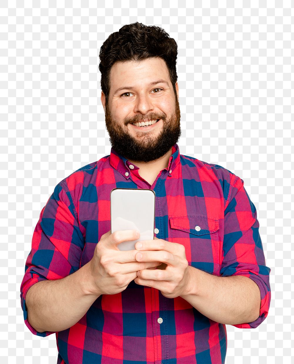 Bearded man mockup png texting on smartphone digital device