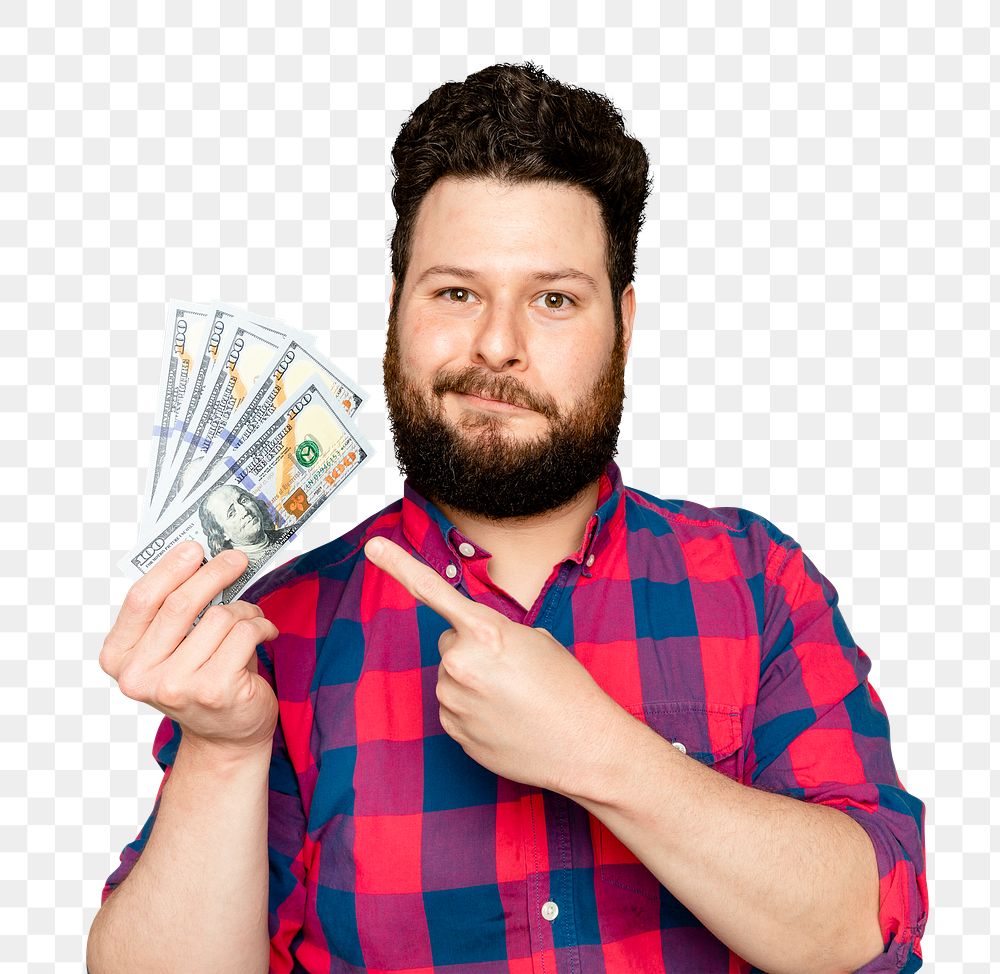 Bearded man mockup png holding dollar notes for financial savings campaign