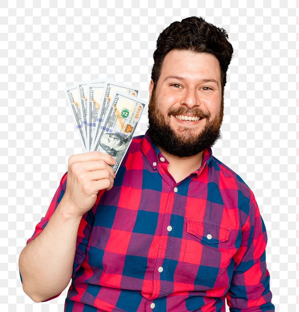 Bearded man mockup png holding dollar notes for financial savings campaign