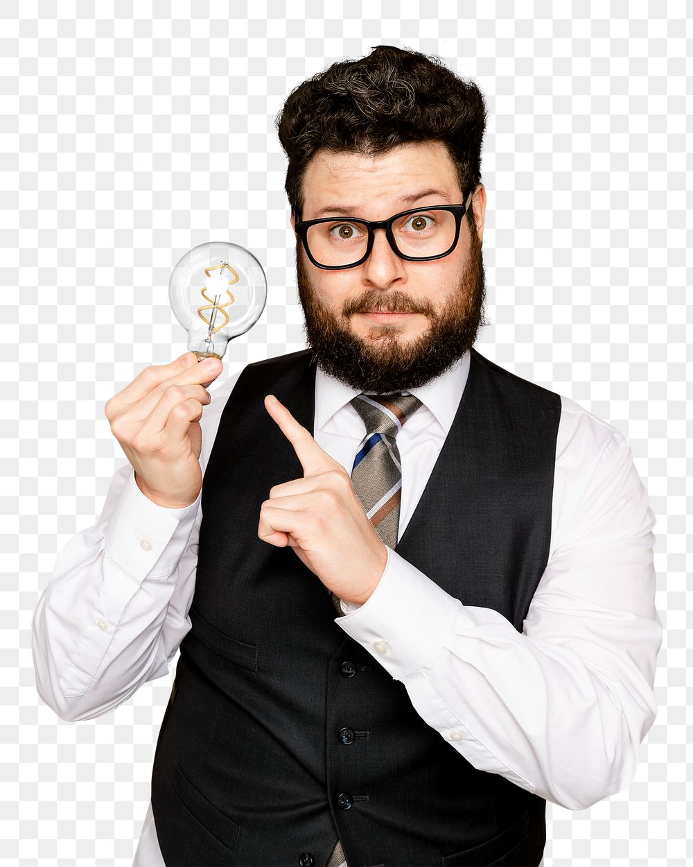 Bearded businessman mockup png holding a light bulb for innovation campaign