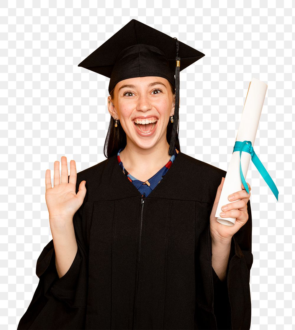 Woman wearing regalia mockup png holding her degree for graduation