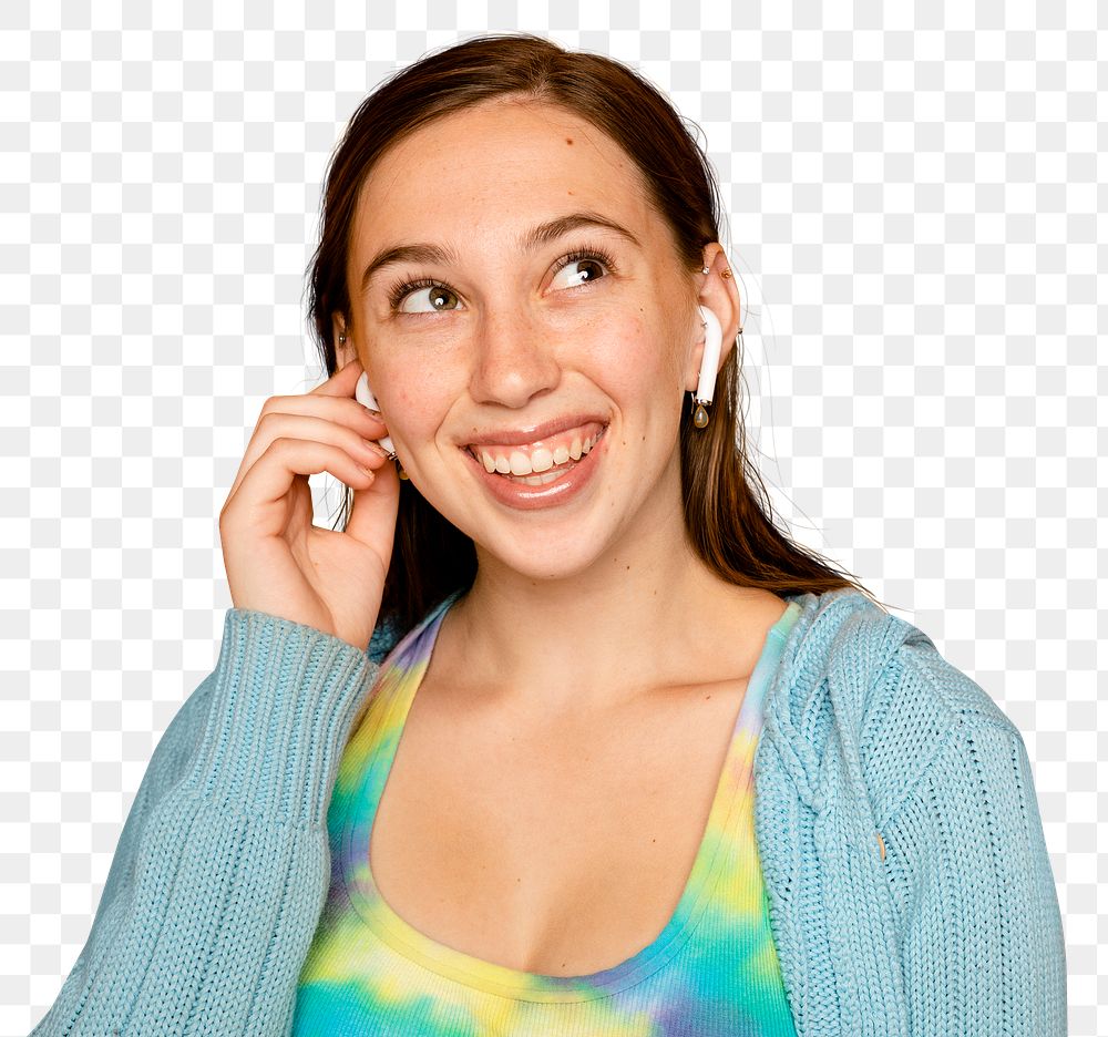 Cheerful woman mockup png listening to music through earphones