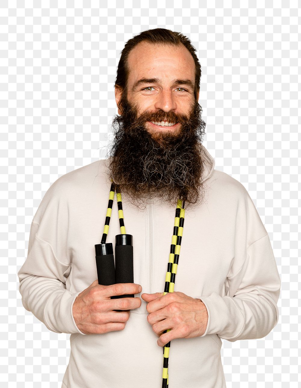 Healthy bearded man mockup png with skipping rope around his neck