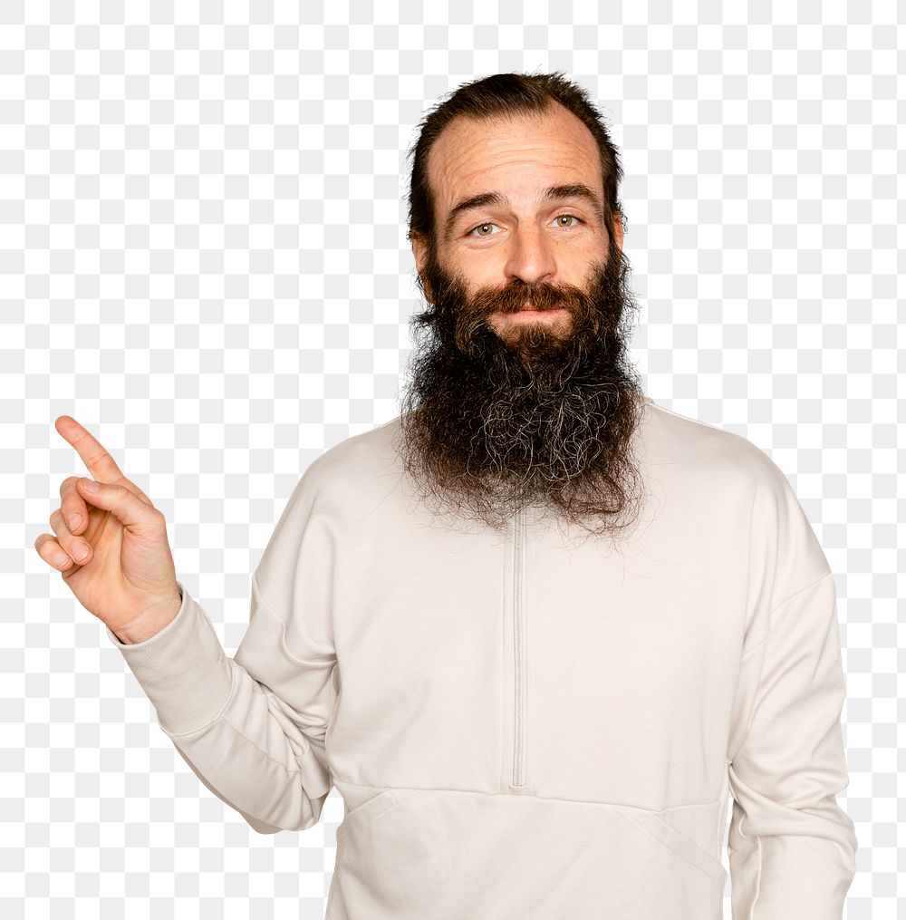 Bearded man mockup png pointing to the side