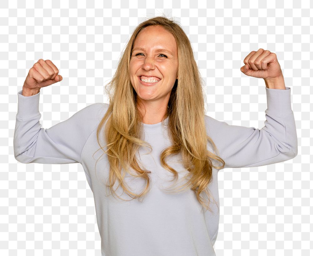 Woman flexing muscles mockup png for health and wellness campaign