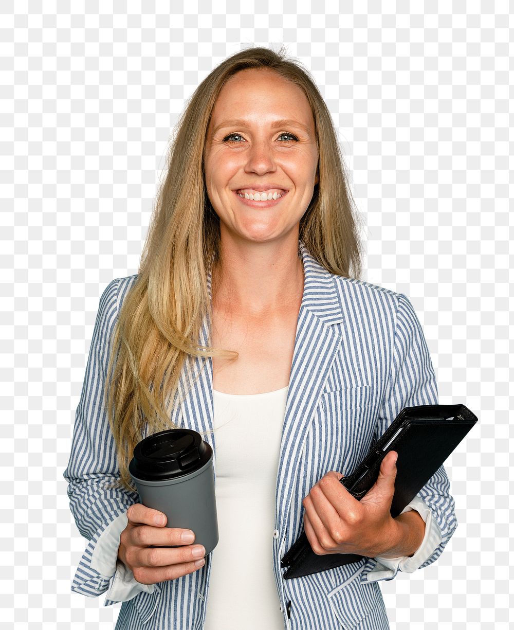 Businesswoman mockup png holding coffee cup