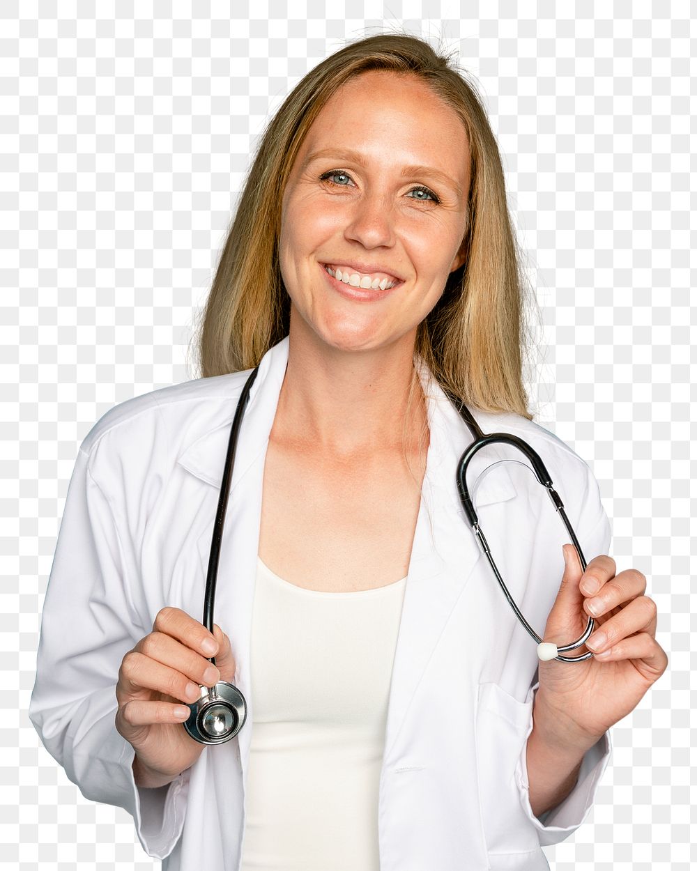 Cheerful woman doctor mockup png using stethoscope