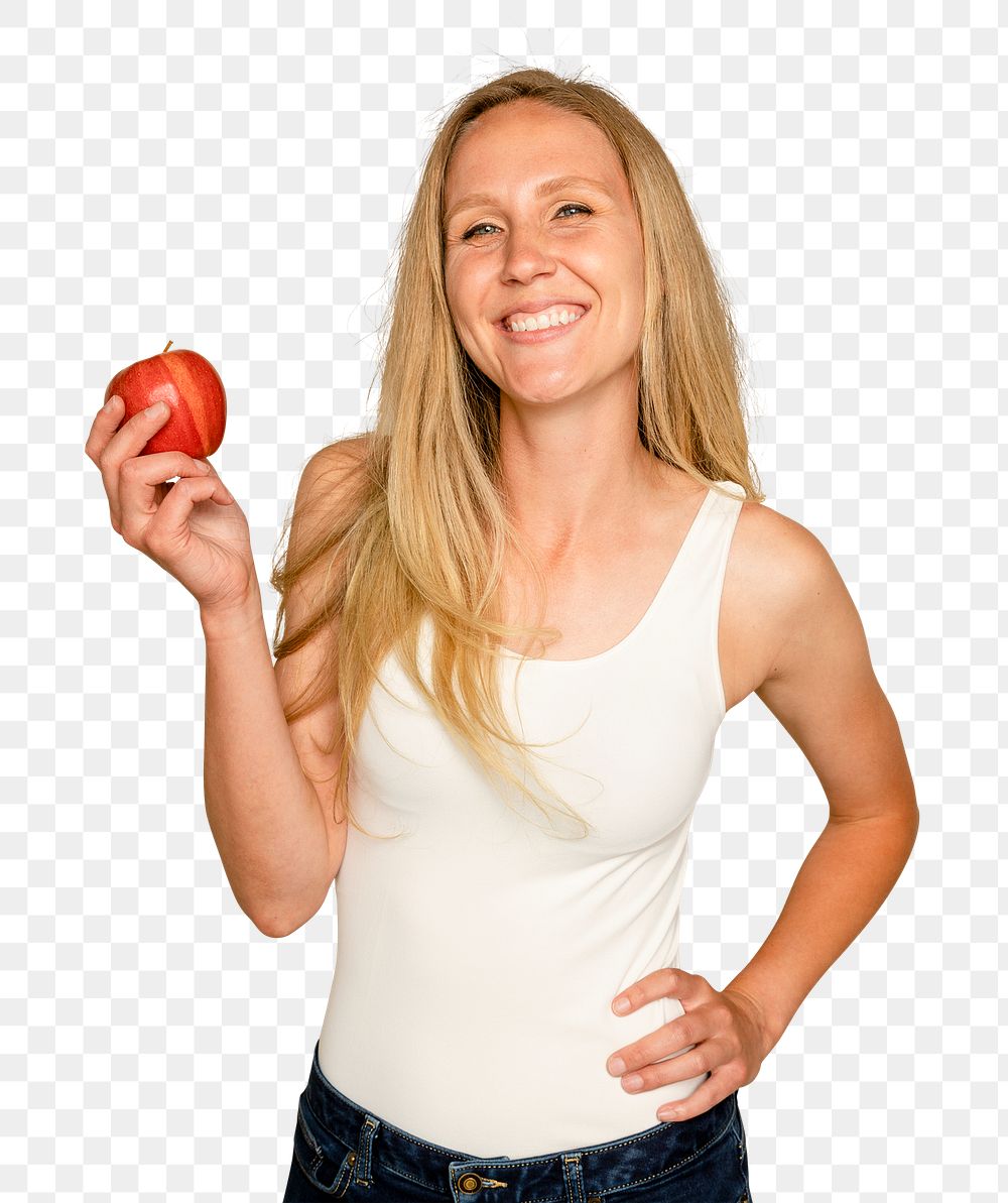 Woman holding apple mockup png for healthy eating campaign