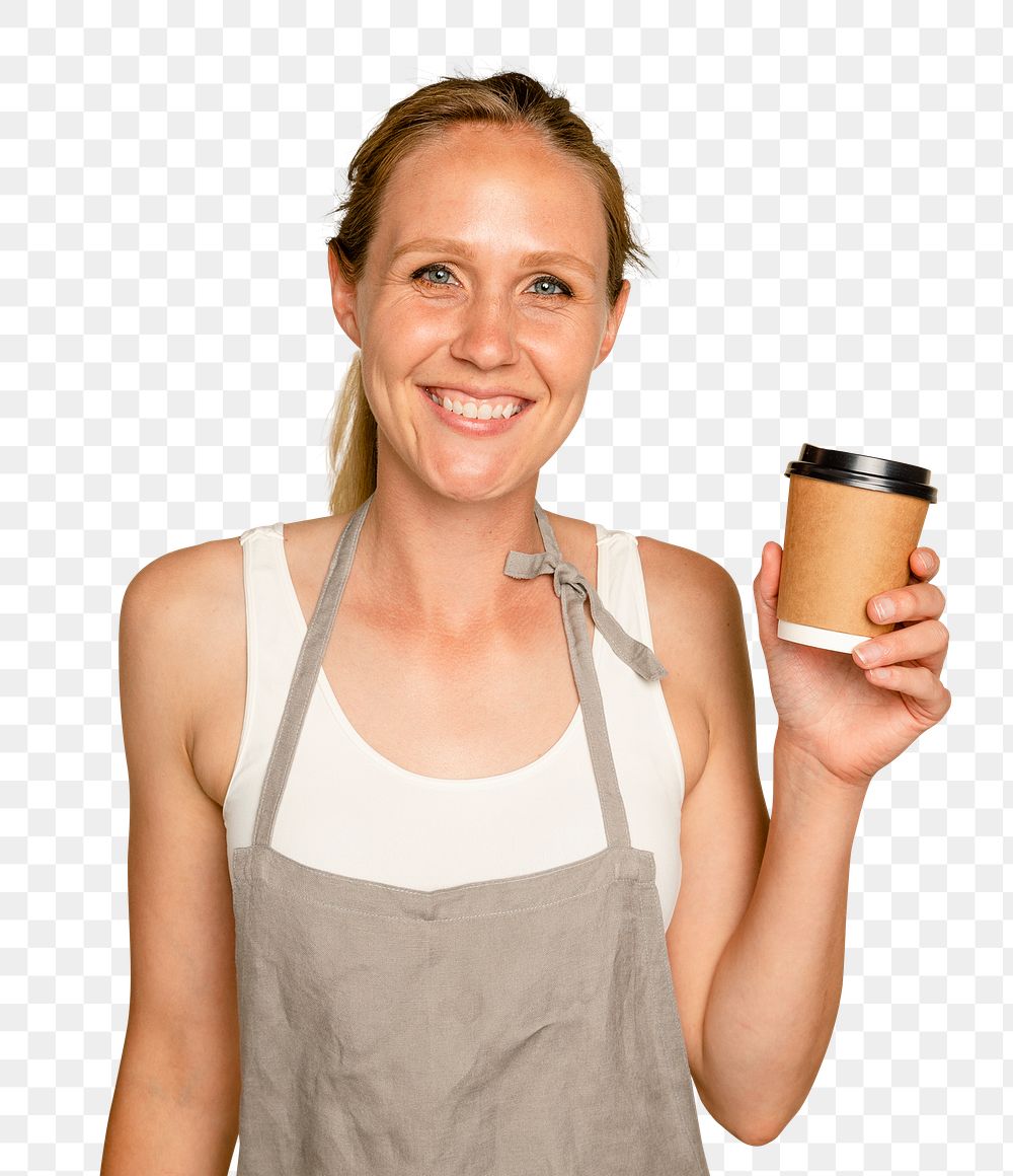 Business owner woman mockup png holding coffee cup