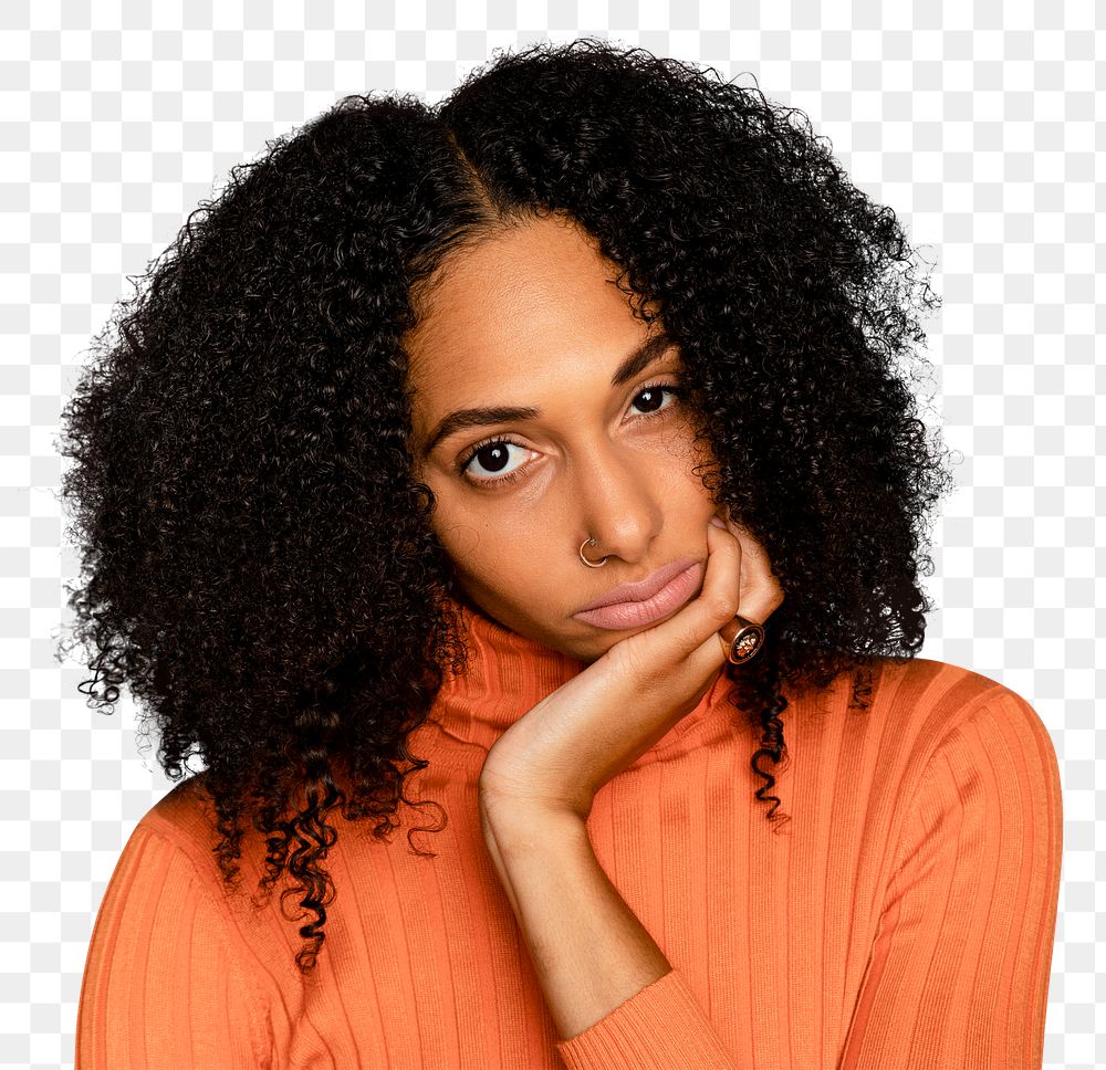 Bored woman mockup png with chin resting on her palm