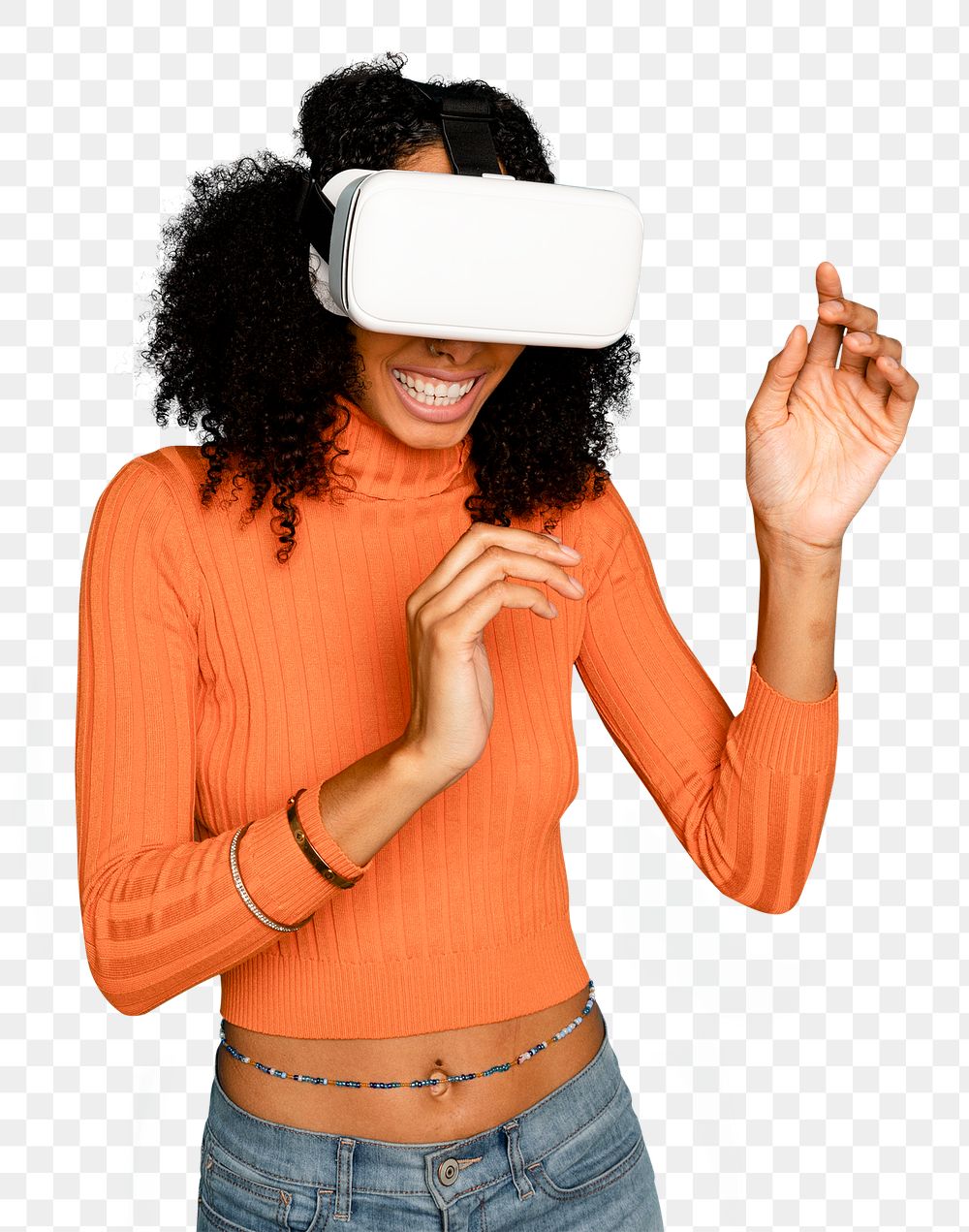 Smiling woman mockup png having fun with VR headset digital device