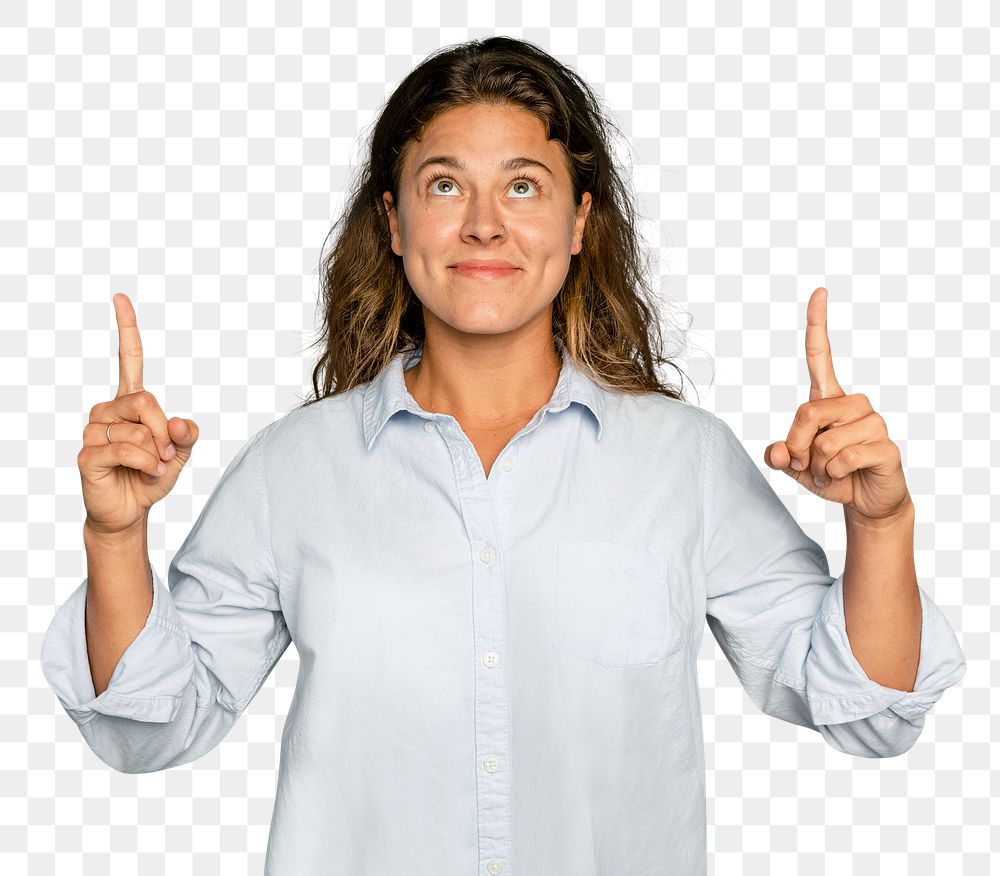 Cheerful woman mockup png pointing up