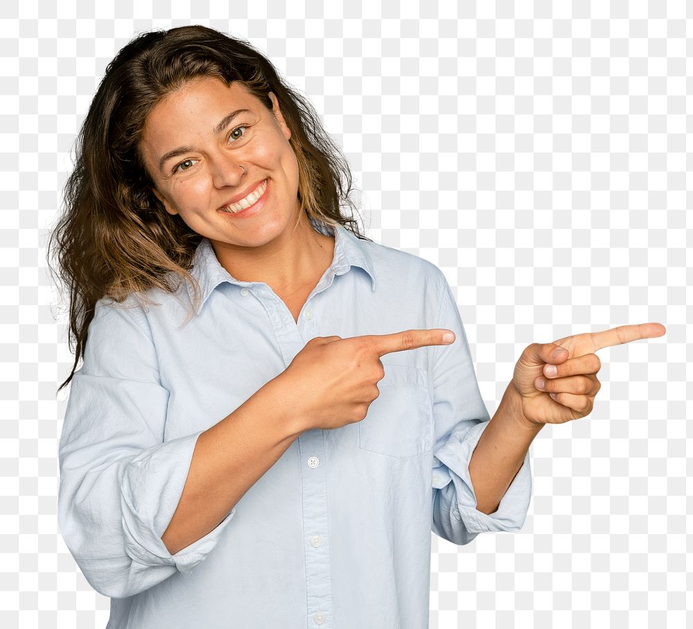 Cheerful woman mockup png pointing to the side