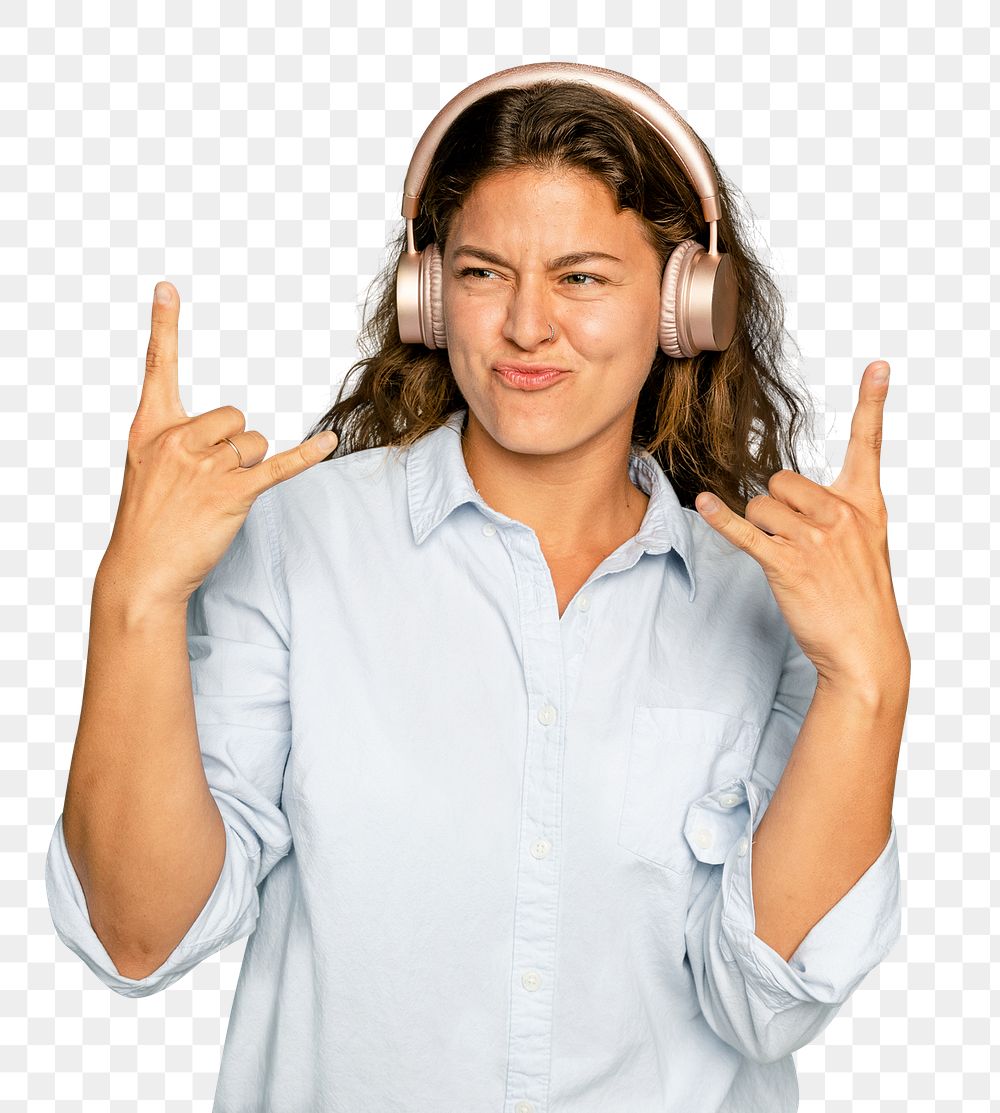 Joyful woman mockup png listening to music through headphones digital device
