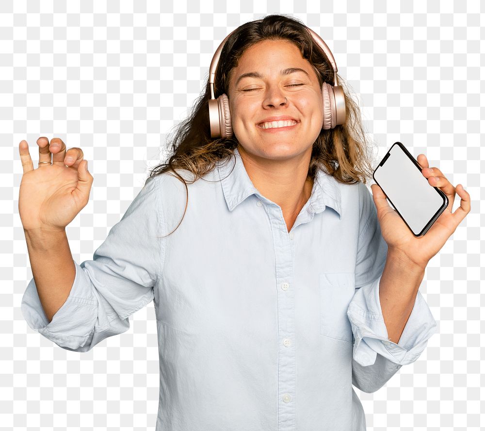 Cheerful woman mockup png dancing to music with headphones on digital device