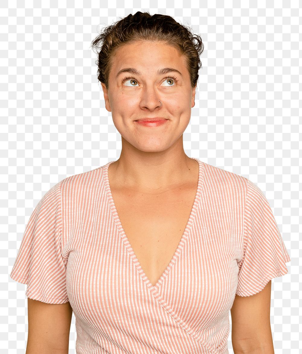 Brunette woman smiling mockup png on transparent background