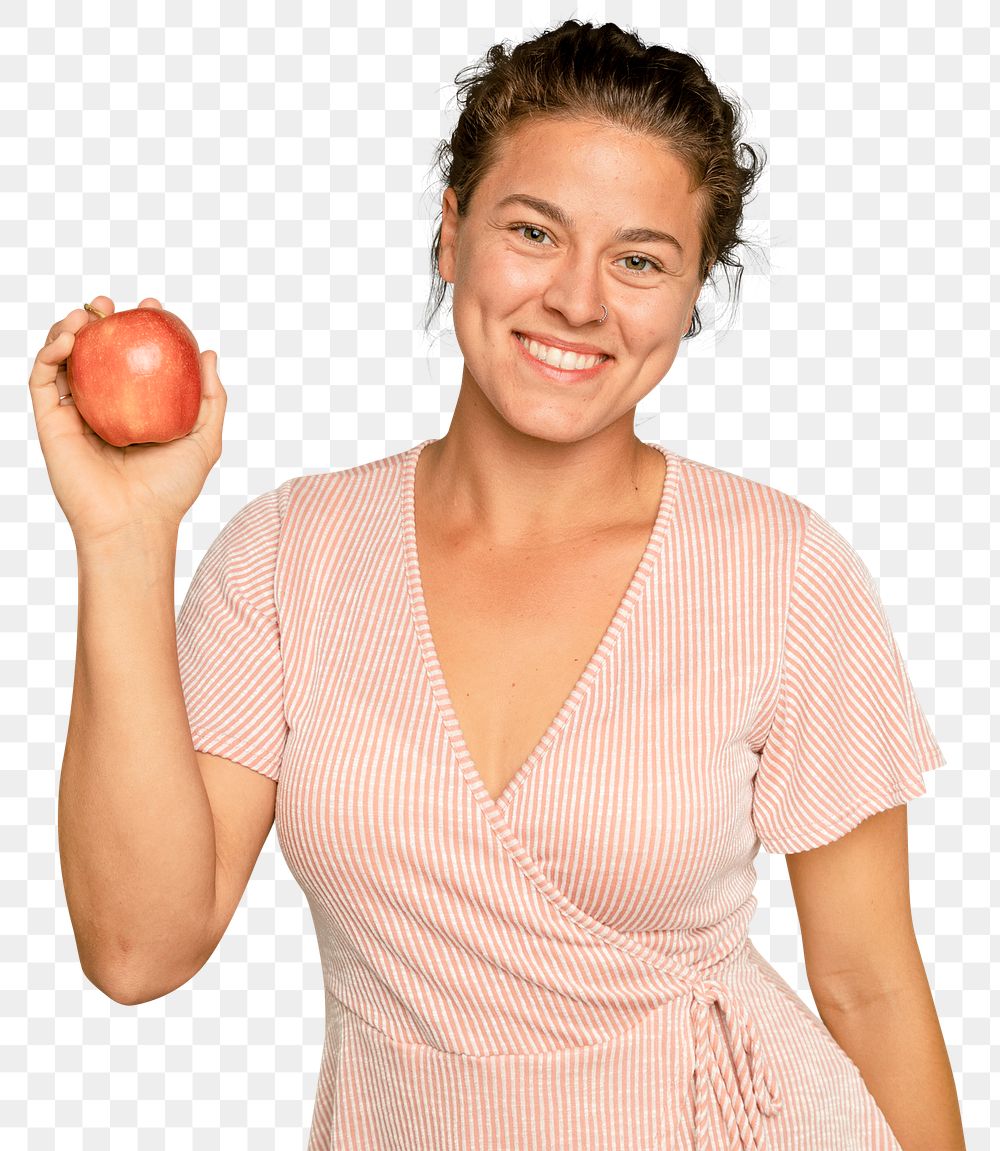Woman holding apple mockup png for healthy eating campaign