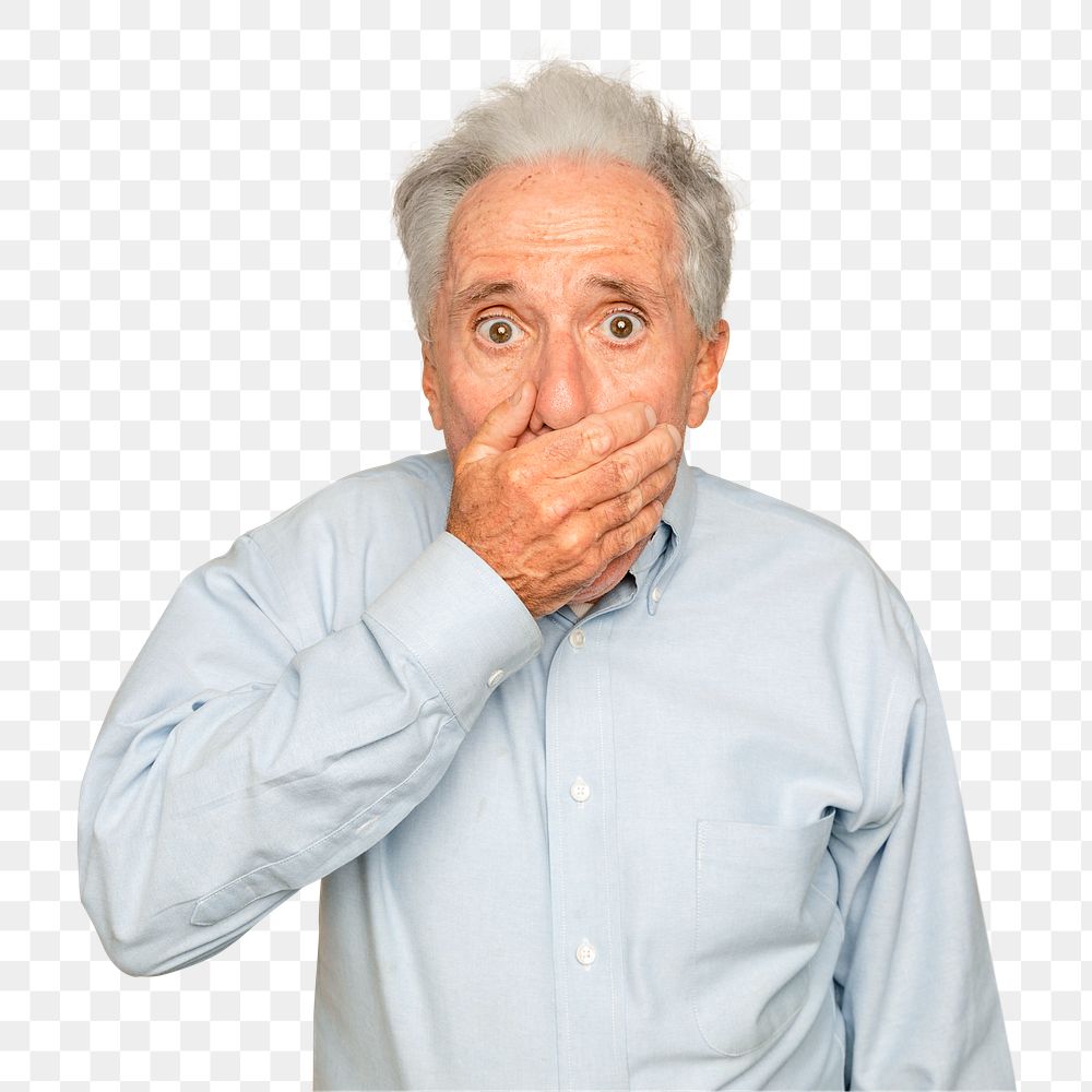 Shocked senior man mockup png with hand covering his mouth