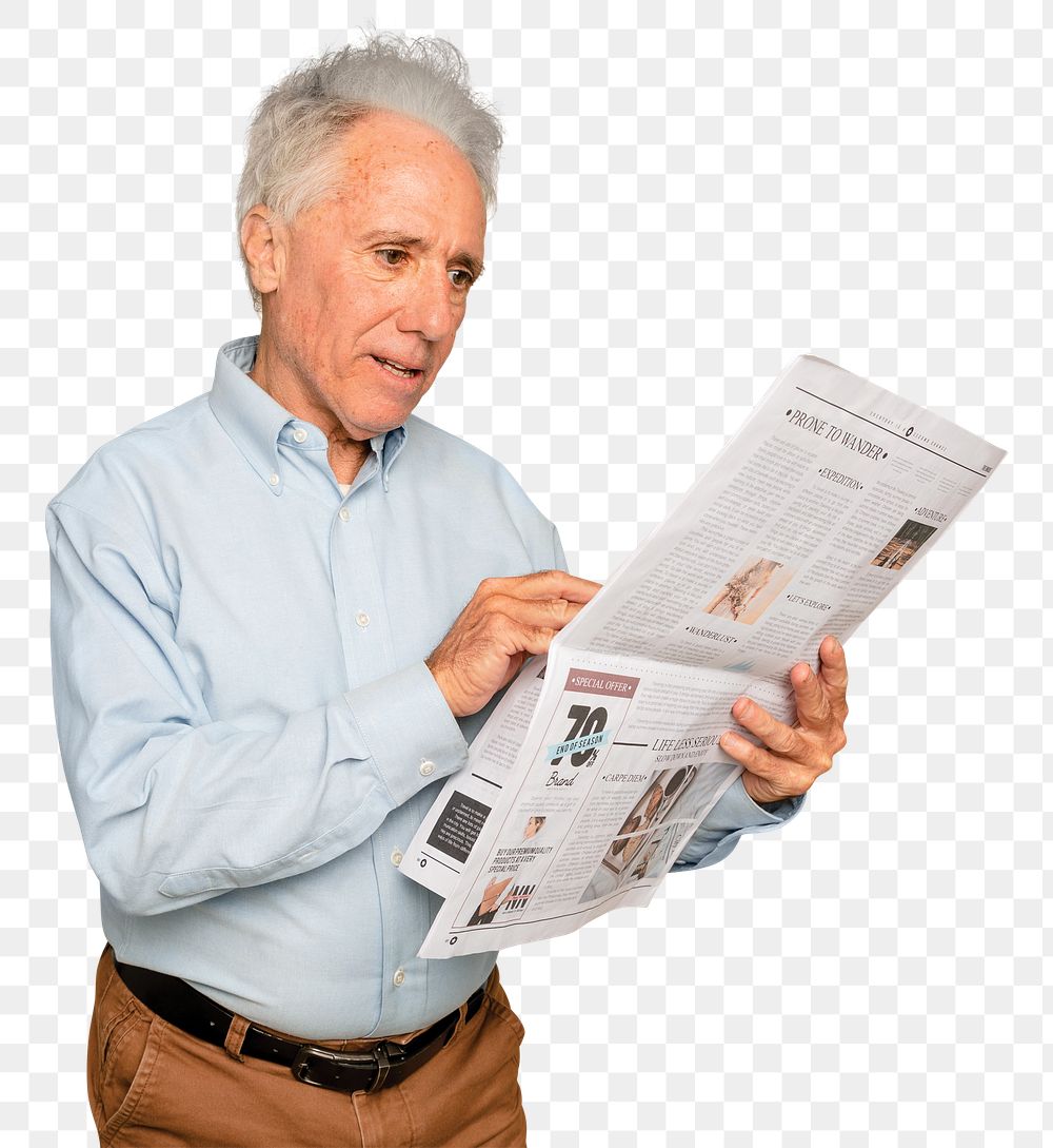 Man reading newspaper mockup png on transparent background