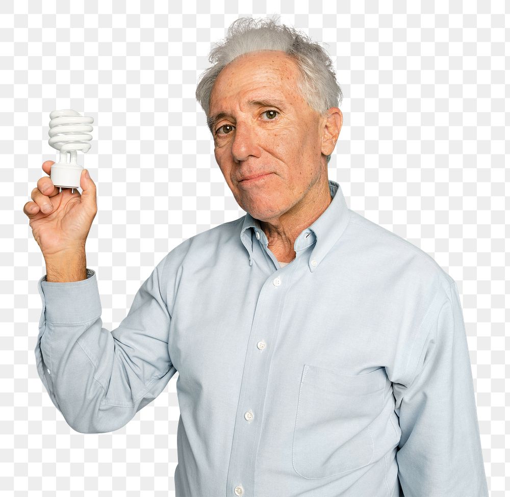 Senior businessman mockup png holding a light bulb for innovation campaign