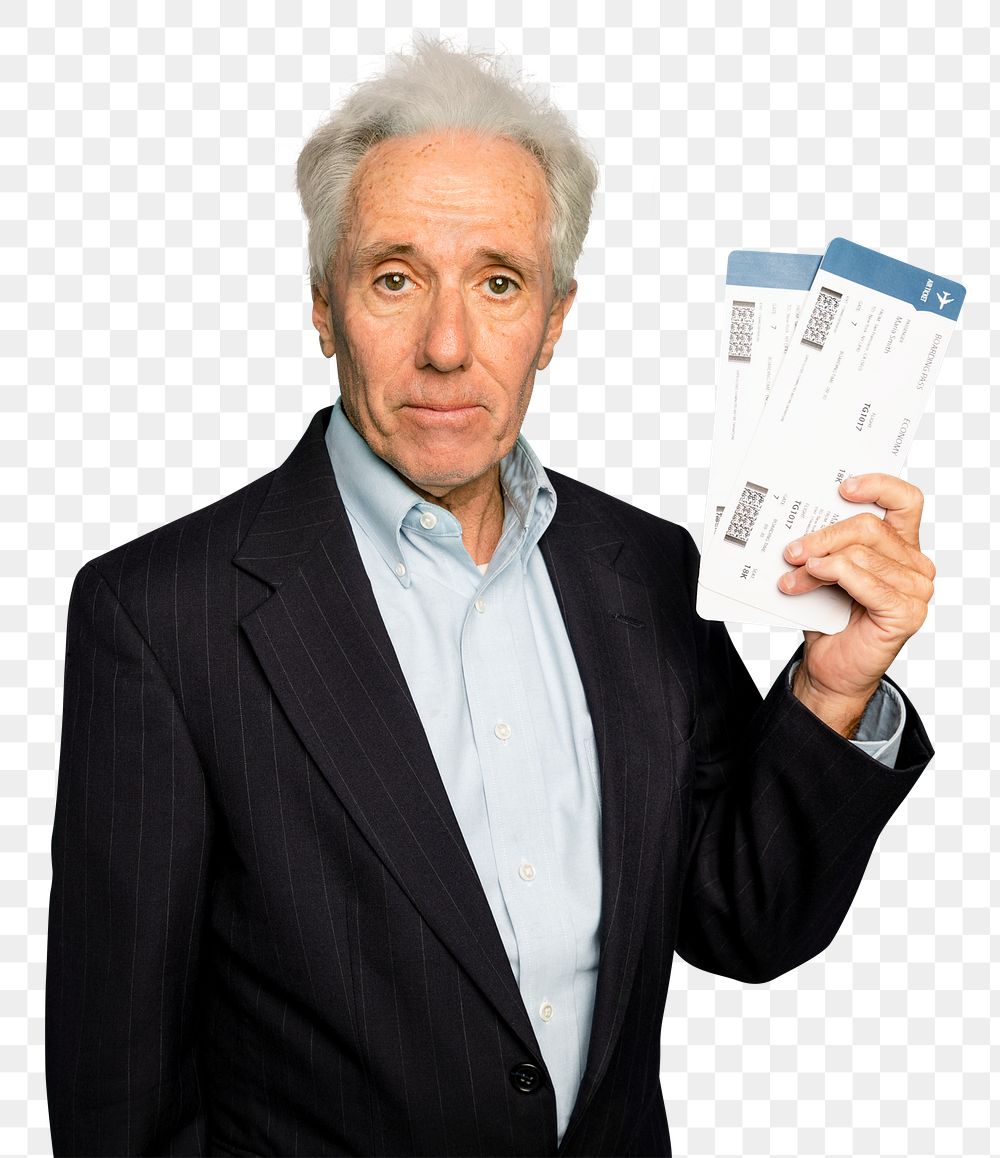 Senior man mockup png in holding plane tickets for business trip