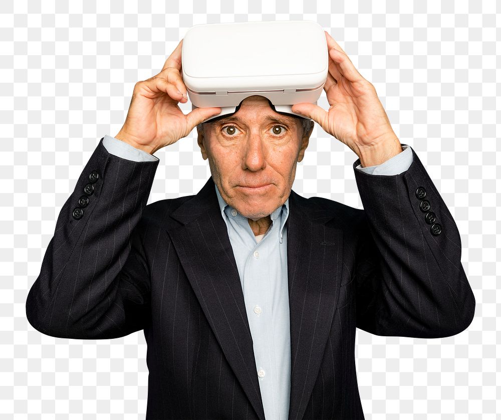 Senior man mockup png having wearing VR headset digital device