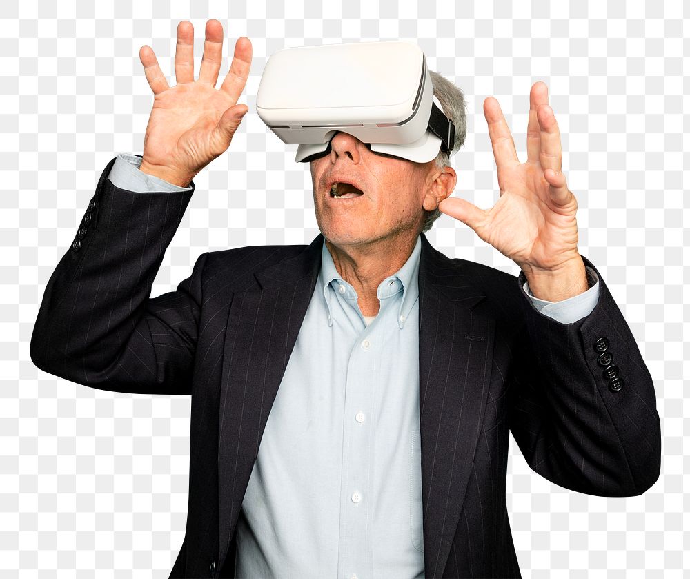 Senior man mockup png having fun with VR headset digital device