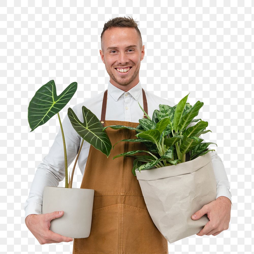 Png plant shop owner mockup holding houseplants