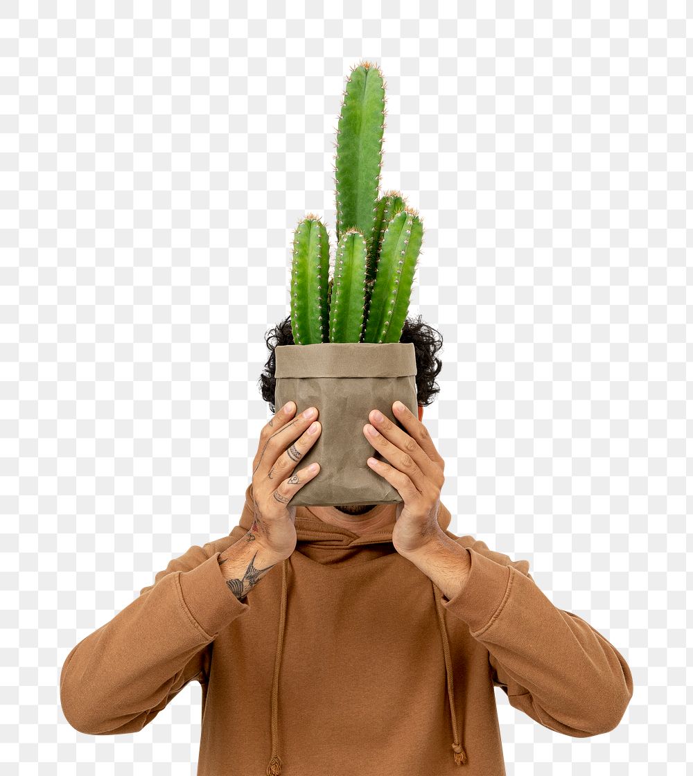 Png plant parent mockup holding potted cereus cactus