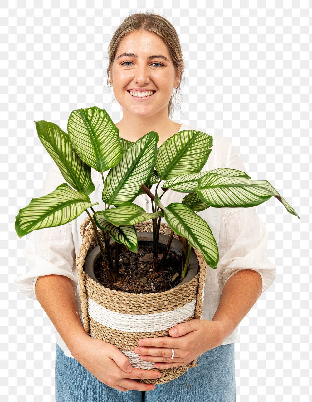 Png happy plant parent mockup holding potted calathea